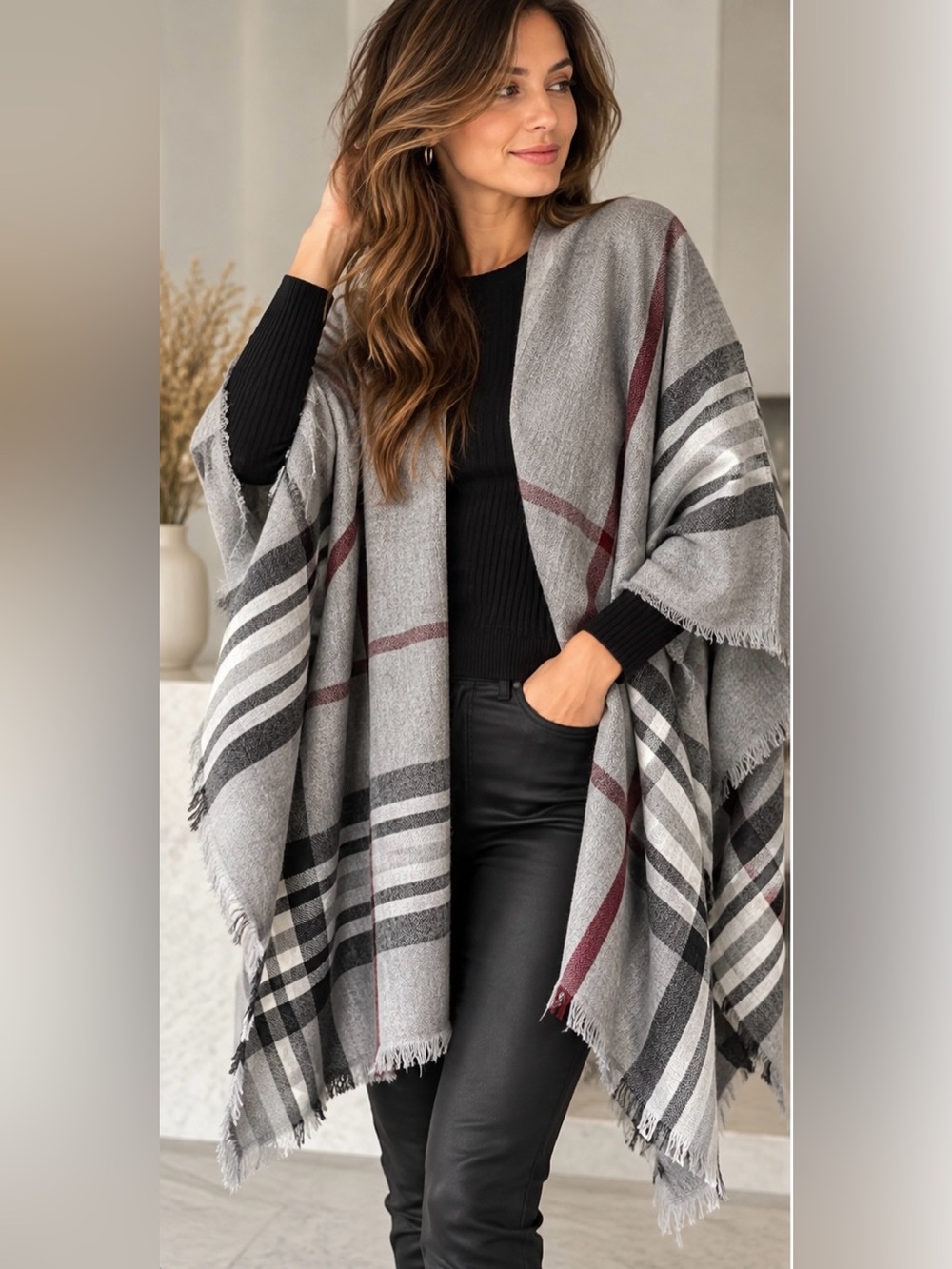 Gray Plaid Open-Front Wrap Cape with Burgundy Stripes